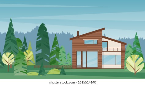 Modern wooden house colorful flat vector illustration. Countryside cottage exterior. Luxury dwelling architecture with panoramic windows, balcony and beautiful forest on background.