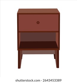 Moderna cabeceira de madeira com gaveta única e prateleira aberta, mesa de cabeceira minimalista para o armazenamento do quarto, isolada na ilustração de fundo branca

