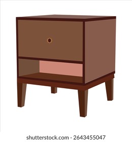 Moderna cabeceira de madeira com gaveta única e prateleira aberta, mesa de cabeceira minimalista para o armazenamento do quarto, mobília contemporânea isolada na ilustração de fundo branca

