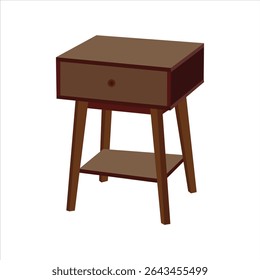 Moderna cabeceira de madeira com gaveta única e prateleira inferior, mesa de cabeceira minimalista para o armazenamento do quarto, mobília contemporânea isolada na ilustração de fundo branca


