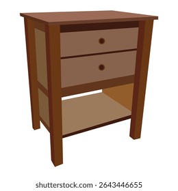 Moderna cabeceira de madeira com duas gavetas e prateleira aberta, mesa de cabeceira minimalista para armazenamento de quarto, isolada na ilustração de fundo branco

