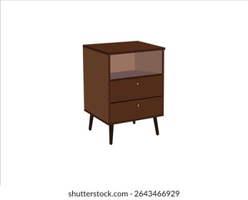 Moderna cabeceira de madeira com duas gavetas e prateleira aberta, mesa de cabeceira minimalista para o armazenamento do quarto, mobília contemporânea isolada na ilustração branca do fundo

