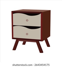 Moderna cabeceira de madeira com duas gavetas Wave-Front, mesa de cabeceira minimalista para armazenamento de quarto, mobília contemporânea isolada sobre a ilustração de fundo branco

