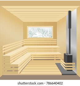 Modern wooden sauna bath with stone stove and window. Vector illustration 3d cartoon style