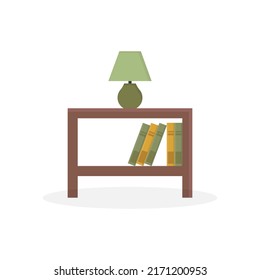 Modern wooden shelf with lamp, books isolated on white. Interior design elements. Vector illustration in flat cartoon style