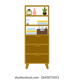 Modern wooden shelving unit filled with decorative items in a minimalist setting