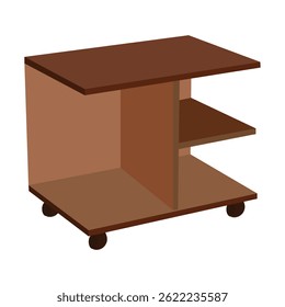 Modern wooden side table with an open shelf and rolling caster wheels