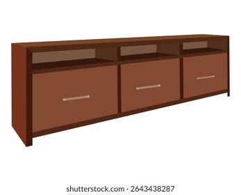 Armário de madeira moderno lateral com três gavetas e prateleiras abertas isoladas no fundo branco - Ilustração de móveis de armazenamento minimalista


