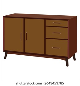 Painel lateral de madeira moderno com portas duplas e três gavetas, armário de armazenamento minimalista para sala de estar ou sala de jantar, isolado na ilustração de fundo branco

