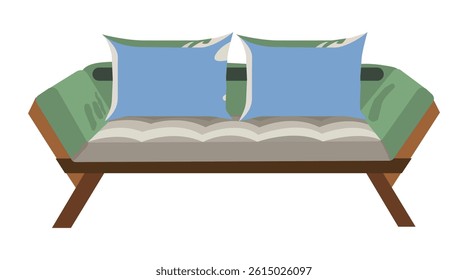 Modern wooden sofa with green cushions and blue pillows isolated on white background