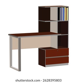 Modern wooden study desk with metal frame and bookshelves for office use illustration