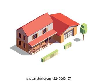 Modern wooden suburban residential building with garage and fence 3d isometric vector illustration