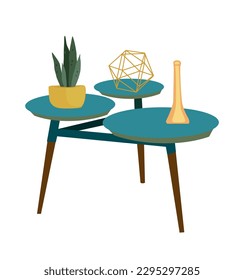 Modern wooden teal coffee table with house plant, vase and geometric decor on it. Trendy design furniture for living room in Mid Century style. Flat vector illustration isolated on white background
