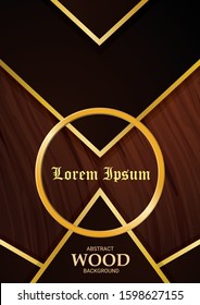 Modern wooden theme background template with golden circle & triangle frame. Vector illustration.