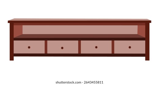 Modern Wooden TV Stand with Four Drawers and Open Shelf, Minimalist Entertainment Console for Living Room Storage, Contemporary Furniture Isolated on White Background Illustration
