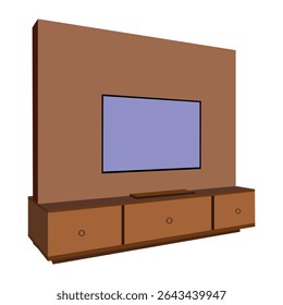 Suporte de TV de madeira moderno com painel de parede e televisão de tela plana, Console de entretenimento minimalista para sala de estar interior, isolado no fundo branco

