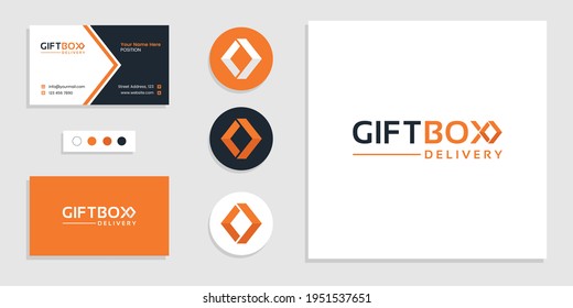 Modern word mark arrow symbol for gift box logo. Express delivery logo and business card design template