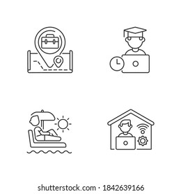 Modern Work Linear Icons Set. Company Office Location, Vacation Leave, Workers Education, Remote Job. Customizable Thin Line Contour Symbols. Isolated Vector Outline Illustrations. Editable Stroke