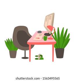 Modern work place at home or office. Office, desk, computer, lamp, diary, work, freelance. Daily life and routine at home. Cozy interior with modern furniture. Flat cartoon vector illustration