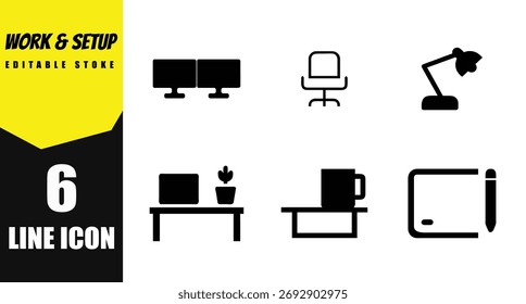 Modern work and setup line icons for digital design and presentations