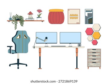 Modern work-from-home office setup 2D cartoon objects set. Gaming chair, adjustable desk, dual monitors, shelf decor isolated elements flat vector clip arts on white. Spot illustrations collection