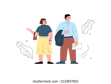 Modern working people or business persons of a full physique, flat cartoon vector illustration isolated on white background. Chubby overweight man and woman.