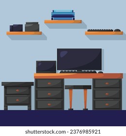Modern Working Room Interior Flat Design Vector with Blue Color