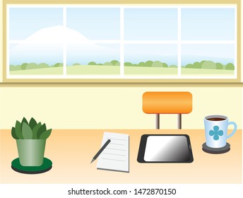 Modern working table with tablet computer, coffee cup, pen and paper, window view with beautiful mountain landscape background. Idea for business working place and technology. Vector Illustration