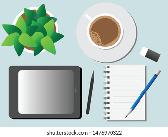 Modern working table with tablet computer, hot coffee, pencil, rubber and blank paper on light blue background. Idea for business working place and technology. Top view. Vector Illustration