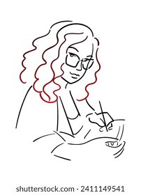 Mujer trabajadora moderna. chica rizada con gafas. Artista con un estilete. Estudiante en clase. Cabello degradado brillante. Lefty. Ilustración vectorial en estilo de esbozo.