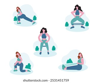Modern Workout Illustration Girl Set .Set Of Exercise Vector Illustration.
