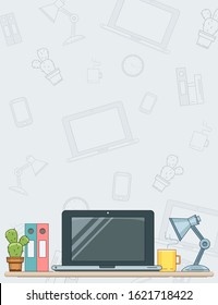 Modern workplace background with laptop, lamp, coffee and flower. Vector minimalistic creative style for design
