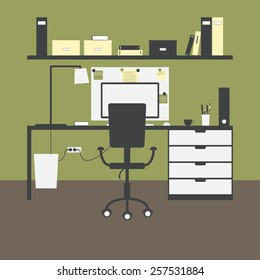 Modern workplace with big table and drawers, chair, lamp, monitor, mouse, cup, shelves, books, boxes, folders, board, notes, bin and green walls and brown floor as background. Flat style illustration