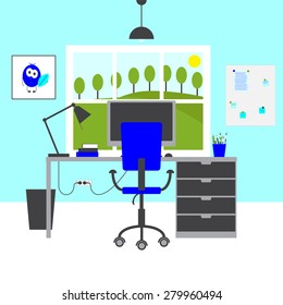 Modern workplace. Big table with drawers, chair, lamp, monitor, mouse, books, poster with funny monster, magnet board with notes, bin, blue colored walls and big window with rural landscape in it