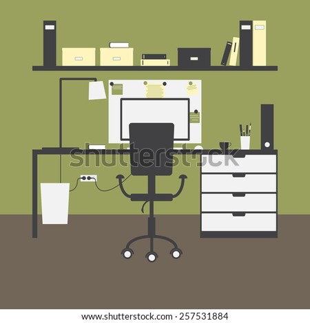 Modern workplace with big table and drawers, chair, lamp, monitor, mouse, cup, shelves, books, boxes, folders, board, notes, bin and green walls and brown floor as background. Flat style illustration