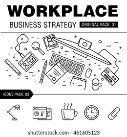 Modern Workplace Business Strategy. Thin Line Icons Set Of Office Space. Desktop Work Set Collection With Technology Interior Elements. Premium Quality Vector Symbol. Stroke Pictogram For Web Design.