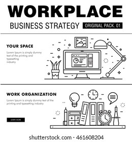 Modern Workplace Business Strategy. Thin Line Icons Set Of Office Space. Desktop Work Set Collection With Technology Interior Elements. Premium Quality Vector Symbol. Stroke Pictogram For Web Design.