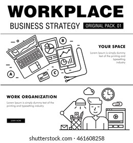 Modern workplace business strategy. Thin line icons set of office space. Desktop work set collection with technology interior elements. Premium quality vector symbol. Stroke pictogram for web design.