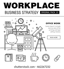 Modern workplace business strategy. Thin line icons set of office space. Desktop work set collection with technology interior elements. Premium quality vector symbol. Stroke pictogram for web design.