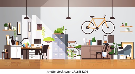 modern workplace cabinet empty living room interior no people apartment with furniture horizontal vector illustration