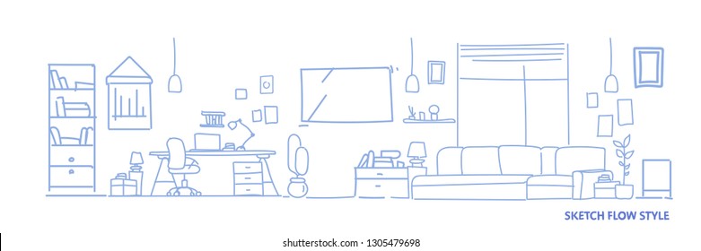 modern workplace cabinet furniture empty no people house living room interior sketch flow style horizontal banner