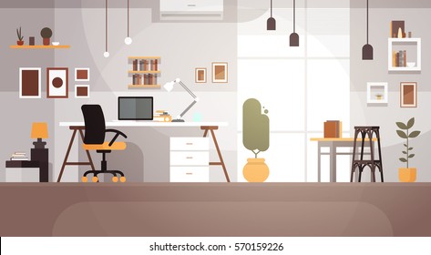 Modern Workplace Cabinet Room Interior Empty No People House Flat Vector Illustration