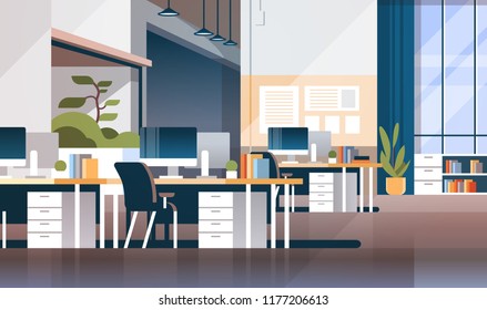 Modern workplace cabinet room office interior empty nobody coworking space flat horizontal vector illustration