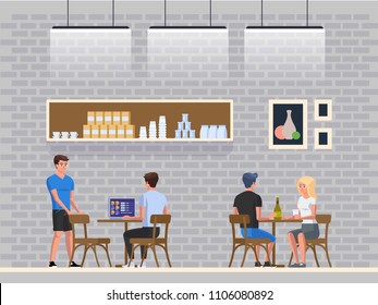 Modern Workplace Cafe with young people. Interior Restaurant. Creative Office Coworking Center. University Campus. Coffee shop table and chairs. Vector Illustration