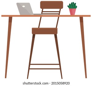 Modern workplace with computer flat design. Office chair and desk with laptop, potted plant isolated on white. Furniture and equipment for workplace of an employee or office worker, cabinet interior