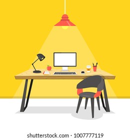 Modern workplace. Computer on wooden the table. Working place concept. Vector illustration.