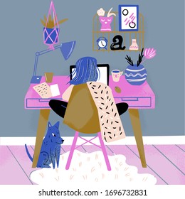 Modern workplace. Computer on wooden the table. Working place concept. Vector illustration. Working at home, dog