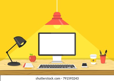 Modern workplace. Computer on wooden the table. Working place concept. Vector illustration.