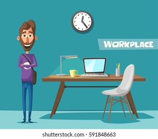 Modern workplace. Creative character. Office work. Cartoon vector illustration