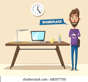 Modern workplace. Creative character. Office work. Cartoon vector illustration